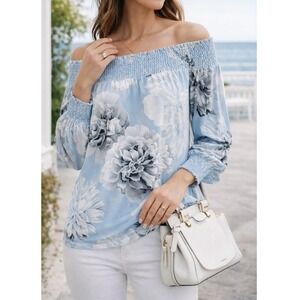 Calvin Klein Blue Floral Off Shoulder Blouse Size M Smocked Romantic Top Coastal